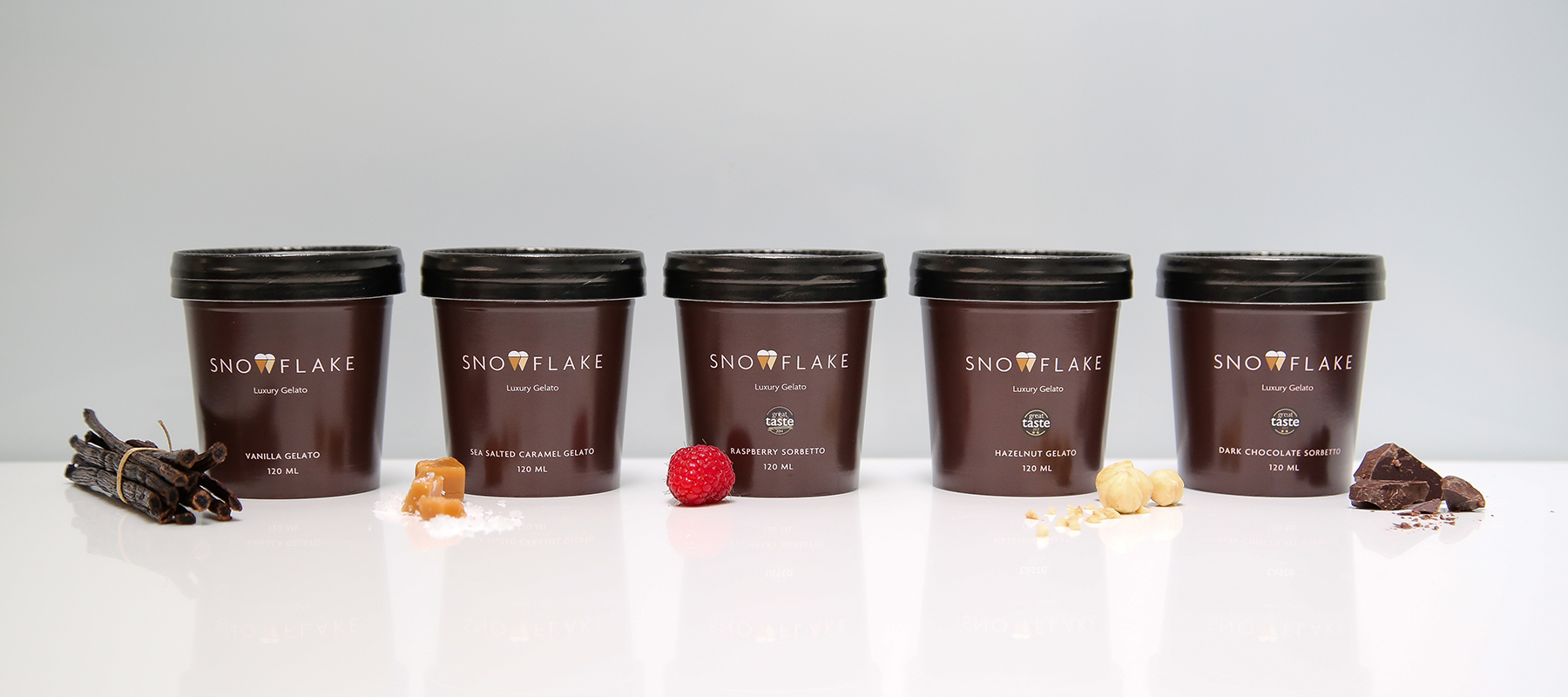 Snowflake Luxury Gelato retail tubs, available in 5 award winning flavours