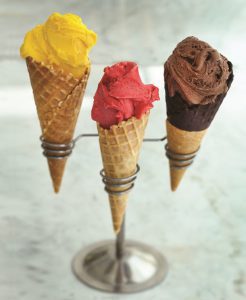 Snowflake Luxury Gelato cones - mango, raspberry and chocolate 