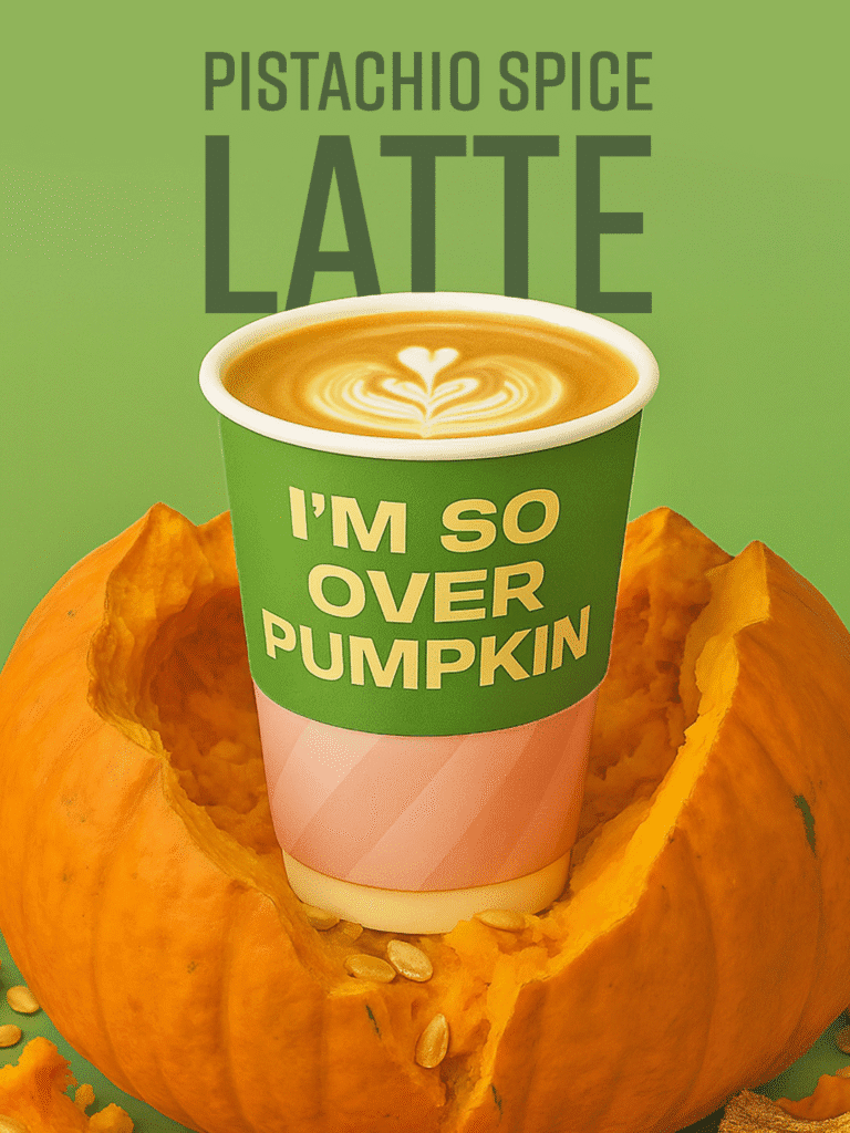 Pistachio Spice Latte in Snowflake takeaway cup with cinnamon and nutmeg